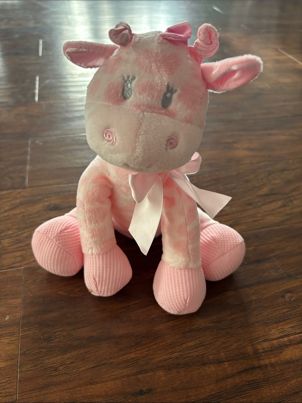 First and Main Pink Plush Giraffe Stuffed Animal with Bow